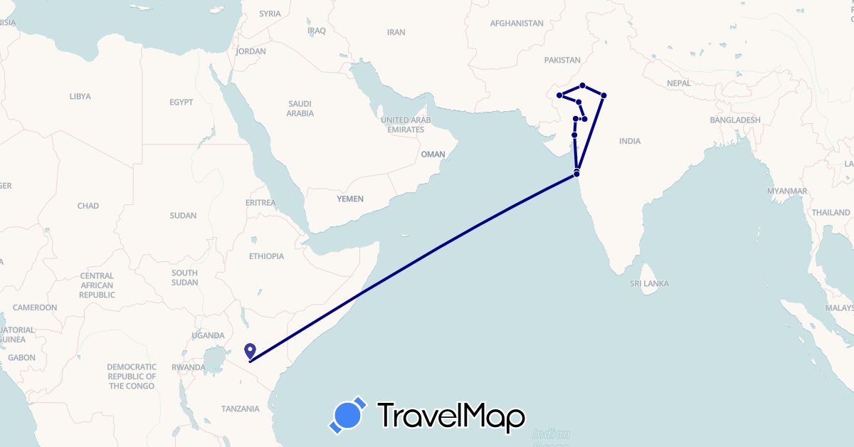 TravelMap itinerary: driving in India, Kenya (Africa, Asia)